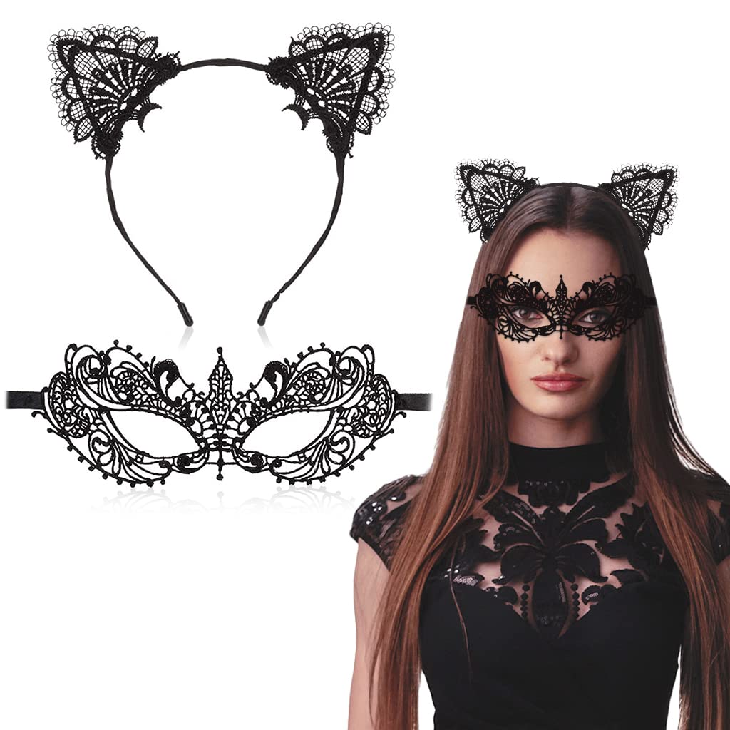 PATPAT Set of 2 Masquerade Masks Lace Eye Mask Cat Ears Headband for Women, Masquerade Mask for Women, Halloween Mask Party Masks, Cosplay Carnival Party Halloween Christmas Valentine Day (Pattern) PATPAT Set of 2 Masquerade Masks Lace Eye Mask Cat Ears Headband for Women, Masquerade Mask for Women, Halloween Mask Party Masks, Cosplay Carnival Party Halloween Christmas Valentine Day (Pattern)